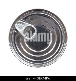 Round can, with ring-pull lid, isolated from above. Unopened easy-open can, a cylindrical metal container, for convenient, tool-free opening. Stock Photo