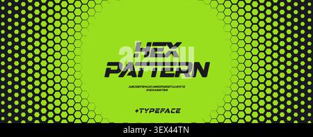 Hexagonal honeycomb green neon gradient, tech halftone background with bold rounded dynamic font for sport, race, technology. Perfect for banner Stock Vector