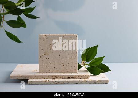Natural Stone Tile Display with Green Leaves on Minimalist Background for Eco-Friendly Decor Stock Photo