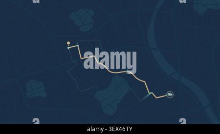 Dark navigation map showing delivery route to truck icon Stock Vector