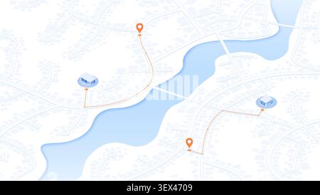 Delivery routes from warehouses to pickup points on light city map Stock Vector