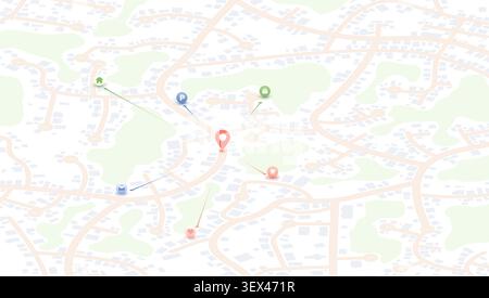 Light city map with central red pin connected by arrows to home parking shop and service icons nearby Stock Vector