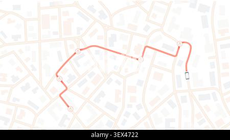 Urban street map showing garbage collection vehicle tracking along route with multiple stops Stock Vector