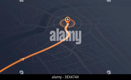 Isometric dark city map with bright orange route leading to glowing destination pin marker Stock Vector