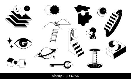 Surreal geometric door to psychedelic space, vector icons isolated on white background. Abstract portals with stairs, optical illusion in retro style. 3D fantasy contemporary eyes, key and planets Stock Vector