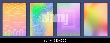 Abstract y2k posters set with distorted effect and wireframe pattern on rainbow gradient background. Vector illustration of futuristic wallpaper, neon geometric grid, tech mesh, trendy backdrop Stock Vector