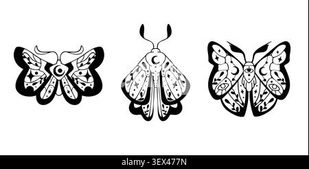 Celestial moth and butterfly set with moon, star, eye icons isolated on white background. Vector illustration of mystical black doodle insects decorated with esoteric signs, tarot card design element Stock Vector