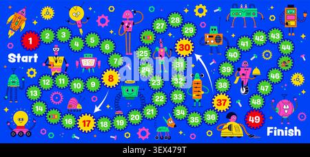 Kids board step by step game with funny robot droids and cyber bots on cartoon worksheet. Kids step board or snake path and ladder maze with retro rob Stock Vector