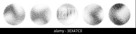 Abstract gradient spheres with grainy dot texture and radial halftone effect, vector illustrations isolated on white background. Graphic designs with noise pattern and circular spray brush diffusion. Stock Vector