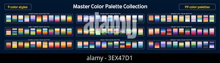 Spring and summer, autumn and winter balanced neutral color harmony palette swatches. Master color palette of colours mix chart and combination style, colors match guide and scheme of blend spectrum Stock Vector