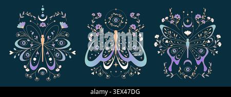 Celestial moth with moon phases and stars in boho style, vector illustration isolated on black. Mystical butterfly tattoo with eyes on wings, flowers, and esoteric symbols for witchy tarot card design Stock Vector