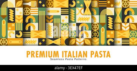 Italian pasta and noodles seamless patterns with geometric block of fusilli, farfalle, penne, rigatoni and spaghetti. Mosaic of green, orange and crea Stock Vector