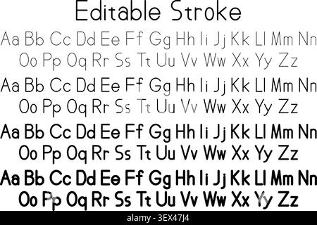 Modern editable stroke alphabet set featuring uppercase and lowercase letters in multiple line weights. Minimal typography collection ideal for branding, UI design, posters, and vector layouts. editable stroke alphabet. thin line typography font. outline letters vector. modern editable typeface. minimal alphabet characters. Stock Vector