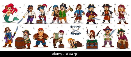 European and Asian cartoon pirates and corsair characters, vector personages. Funny groovy pirate woman with musket gun, old captain with hook hand and sailor with rum barrel or mermaid character Stock Vector