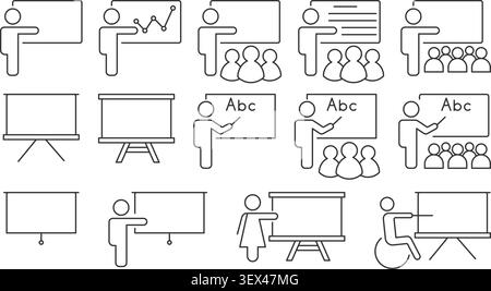 Presentation icon collection. Classroom teaching line icons. Business seminar vector set. Projector screen outline icons. Education and training symbols. Vector illustration. PNG format. Editable stroke. Set of outline icons related to whiteboard, linear classroom presentation collection, editable stroke vector illustration Stock Vector