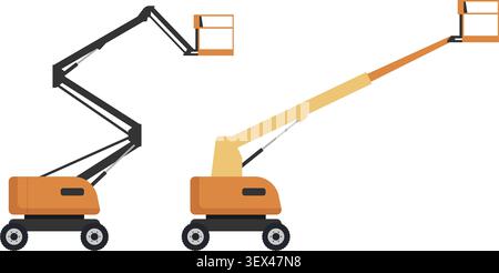 Flat vector illustration set featuring articulating and telescopic boom lifts with work platforms. Ideal for construction, maintenance, warehouse operations, industrial projects, elevated access equipment catalogs, safety manuals, engineering presentations, rental services, and heavy machinery concepts. Modern isolated design with clean shapes and professional style. Stock Vector
