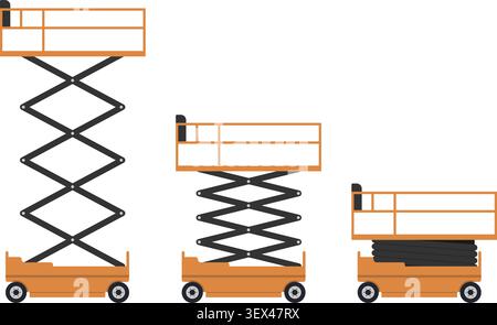 Flat vector illustration set of mobile scissor lifts shown in extended, medium, and lowered positions. Ideal for construction, warehouse operations, industrial maintenance, equipment rental, elevated access solutions, safety manuals, engineering projects, and heavy machinery catalogs. Clean isolated design with modern style. Stock Vector