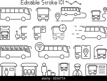Editable stroke bus transportation icon set featuring public transit symbols, navigation, parking, bus stop, accessibility, smart transport, and passe Stock Vector