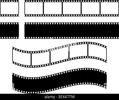 Set of black film strip elements featuring straight and wavy cinematic frames isolated on light background. Classic movie reel design ideal for video editing, cinema themes, and retro media projects. PNG format. Stock Vector
