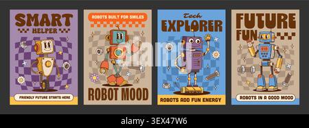 Droid and robot characters y2k groovy hippie posters. Cartoon retro y2k cards with funky cute android mascots with smile and vintage 60s 70s old school vibe. Vector future technology smart personages Stock Vector