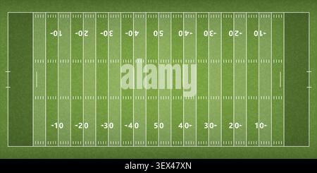 Professional American football field viewed from above with official yard markings, hash marks and end zones on realistic green grass texture. Vector illustration suitable for sports graphics, coaching materials, strategy boards, stadium designs and educational projects. Stock Vector