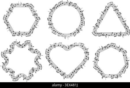 Set of elegant musical staff frames shaped as circle, triangle, hexagon, heart, and abstract forms. Minimal black and white illustration ideal for creative music design projects and decorative backgrounds. Vector illustration Stock Vector