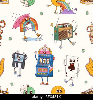 Groovy retro characters seamless pattern. Seamless vector backdrop or repeated details print. Fabric pattern with radio player, rainbow, floppy disk and casino gambling machine funny groovy personages Stock Vector