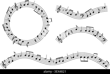 Elegant black musical notes arranged in circular and wave-like staff patterns. Artistic illustration combining rhythm, melody, and modern design elements isolated on a light background. Vector illustration. Stock Vector