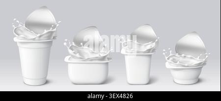 Realistic plastic yogurt cups, dairy yoghurt package mockup with open foil lids and crown splashes. Vector 3d white containers of milk yogurt, sour cream cups or yoghurt sauce pots, food packaging Stock Vector