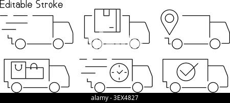 Modern delivery truck icon collection with editable stroke outlines. Includes express shipping, package delivery, ecommerce transport, location tracking, courier service, and verified shipment concepts. parcel transport editable stroke illustration. Stock Vector