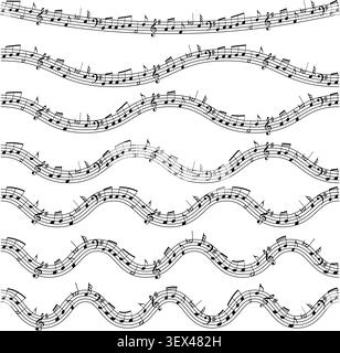 Musical notes background texture. Wavy music staff pattern. Music wallpaper design. Abstract music seamless background. Vector illustration. Stock Vector