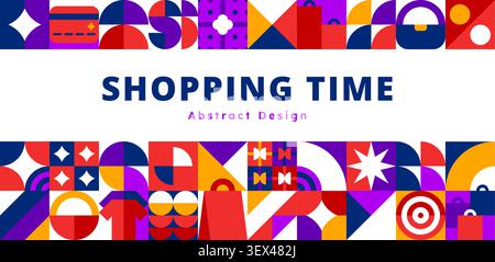 Sale and shopping time banner with geometric pattern. Abstract minimalist art background with trendy shapes mosaic of shopping bags, gift boxes, purses and credit cards, black friday ornament Stock Vector