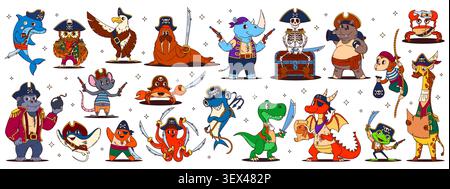 Cartoon animal pirate and corsair sea ship crew characters with treasure map, chest and captain skeleton. Vector pirate sailors personages of cute ocean crab, octopus and shark, monkey and dragon Stock Vector