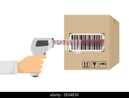 Barcode scanner package. Package barcode scanning. Warehouse barcode scanner. Shipping box barcode. Inventory tracking package. Vector illustration Stock Vector
