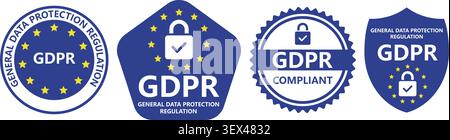 Set of GDPR compliance badges and seals featuring data protection, privacy, cybersecurity, secure processing, and European Union regulation symbols. Vector-style certification labels with lock icons and EU stars, suitable for websites, business compliance, legal documentation, and digital security projects. Stock Vector