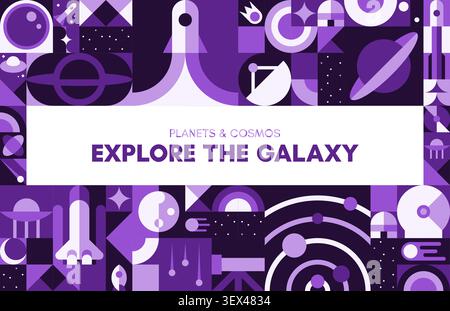 Galaxy space exploration poster with geometric cosmos planets and spaceships pattern. Abstract space background, alien universe UFO, stars and satellites, comets and shuttle shapes tile grid mosaic Stock Vector