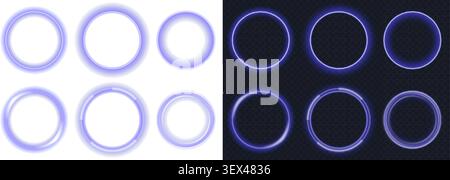 Collection of glowing neon circular frames with soft luminous effects on transparent and dark backgrounds. Futuristic abstract design ideal for technology, gaming, interface, and digital projects. Stock Vector