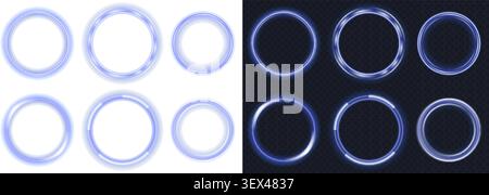 Set of futuristic blue neon rings with glowing light effects isolated on transparent and dark backgrounds. Modern digital design elements suitable for gaming, technology, HUD interfaces, and sci-fi visuals. Stock Vector