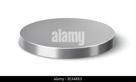 Realistic 3D circular silver metal podium with shiny chrome finish and smooth rounded edges. Silver stage pedestal for product presentation mockups, award podium design or luxury cosmetic displays Stock Vector