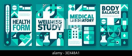 Health care and medical laboratory posters with medicine geometric pattern. Abstract modern background with healthcare mosaic of hospital, doctor and pills, medicine cross and heart pulse shapes Stock Vector