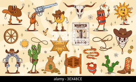Cartoon groovy wild west western characters set. Vector y2k cactus sheriff, dancing sun, dynamite, skull cowboy, and objects including boots, lasso, star badge and wanted posters with fun retro vibes Stock Vector