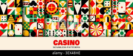 Casino poker and gambling games geometric seamless pattern. Abstract shapes mosaic background of dices, play cards, casino chips and roulette, slot machine, diamond, lucky horseshoe and diamond Stock Vector