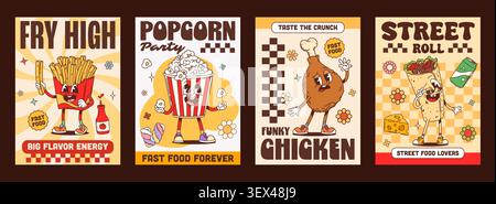 Y2k groovy fast food posters with funky hippie fries, popcorn bucket, crunchy fried chicken leg and street roll cartoon characters smiling. Vector retro advertising cards for snack, party, street food Stock Vector