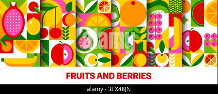 Ripe tropical fruits and berries seamless patterns with mosaic geometric elements in grid. Tile backgrounds featuring citrus, pomegranate, banana, apple and cherry, fig, avocado and watermelon motifs Stock Vector