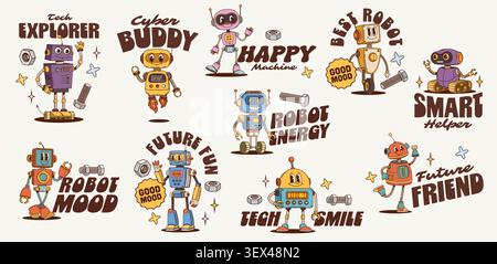 Robot y2k groovy stickers funky droid characters labels. Vector retro hippie set with playful typography, bolts, nuts and friendly smart futuristic cheerful cartoon cyborg personages with tech details Stock Vector