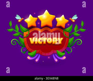 Vibrant red ornate shield, framed by lush green vines and magical insects. Victory award game icon with heraldic shield, golden stars, and wings. Cartoon victory icon for level completion screens Stock Vector
