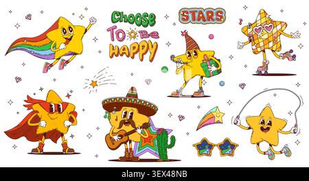 Cartoon groovy funky star characters. Vector cute super hero and mexican mariachi star mascots with sombrero and guitar. Retro groovy twinkles jumping rope, riding roller skates, flying with rainbow Stock Vector