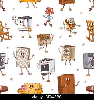 Groovy furniture seamless pattern. Playful vector tile background with cartoon home appliances like sofa, wardrobe, lamp, pillow, washing machine, oven, bookshelf and chair, lively household items Stock Vector