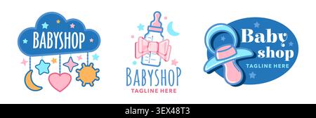 Baby shop icons set featuring cloud mobile, feeding bottle with bow and pacifier. Pastel pink blue symbols icons with stars for newborn clothing store branding and toddler toy boutique Stock Vector