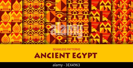 Ancient Egypt seamless patterns set with geometric ornament. Vibrant patterns with mosaic block pharaoh heads, Eye of Horus and pyramids. Yellow, orange, red and brown textures textile print Stock Vector